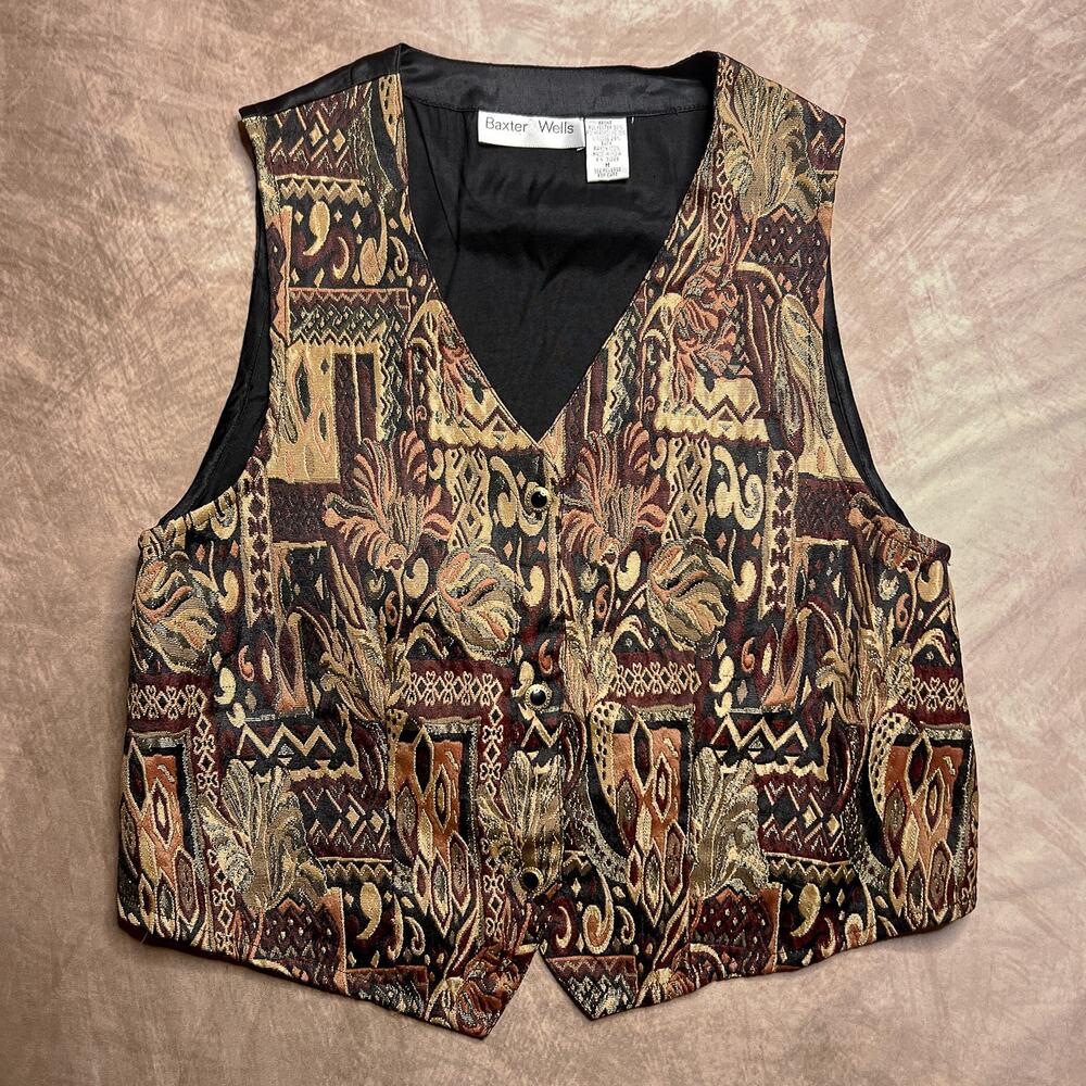 Vintage 90s Baxter & Wells Geometric Tapestry Vest Gold V Neck Sleeveless Retro